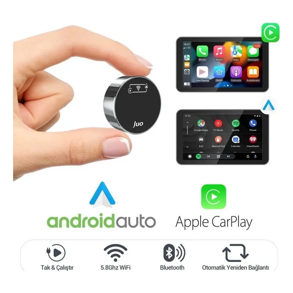 Juo Kablosuz Carplay Android Auto Kabloludan Kablosuza Çevirici USB Ve Type-C Adaptör - Siyah - Görsel 10