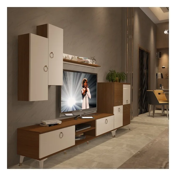 Decoraktiv Eko 6 Mdf DVD Gold TV Ünitesi TV Sehpası Beyaz - Ceviz - Görsel 9