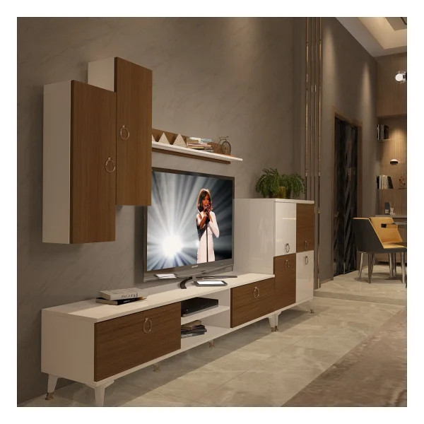 Decoraktiv Eko 6 Mdf DVD Gold TV Ünitesi TV Sehpası Beyaz - Ceviz - Görsel 10
