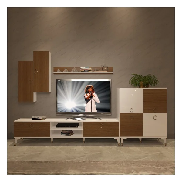 Decoraktiv Eko 6 Mdf DVD Gold TV Ünitesi TV Sehpası Beyaz - Ceviz - Görsel 2