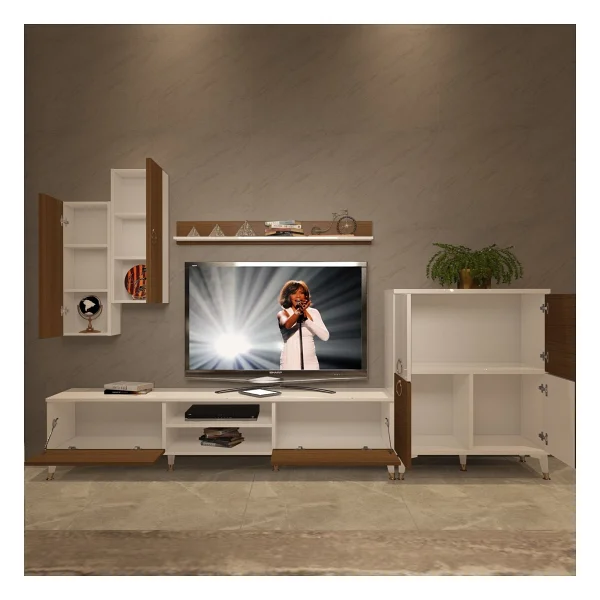 Decoraktiv Eko 6 Mdf DVD Gold TV Ünitesi TV Sehpası Beyaz - Ceviz - Görsel 3