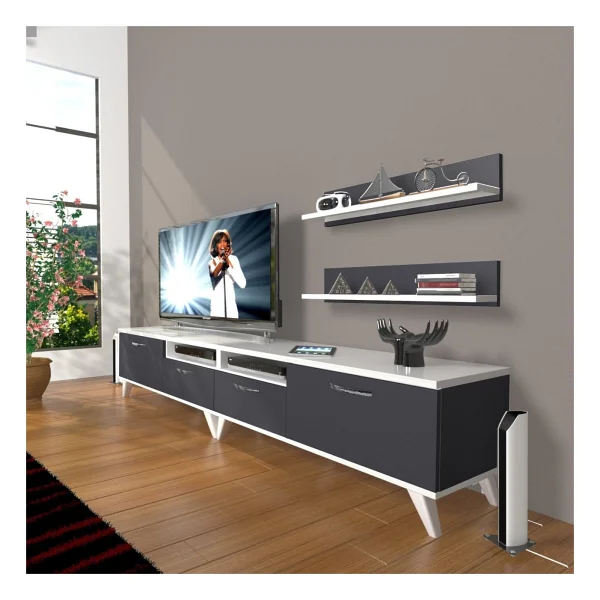 Decoraktiv Eko 220r Mdf Retro TV Ünitesi TV Sehpası Beyaz - Antrasit - Görsel 2