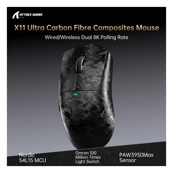 Attack Shark X11 Ultra Carbon Fiber Kırmızı Şarjlı Makrolu Ergonomik Optik Kablolu/Kablosuz Oyuncu Mouse - Görsel 4