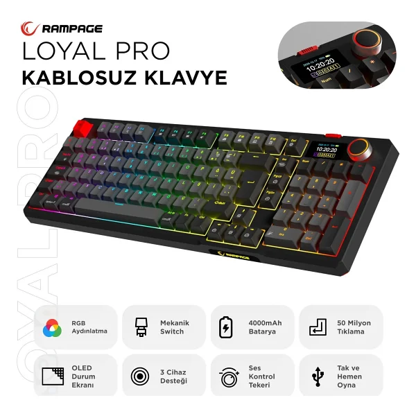 Rampage Loyal Pro Gri-Siyah RGB Red Switch Kablosuz Mekanik Oyuncu Klavyesi - Görsel 8