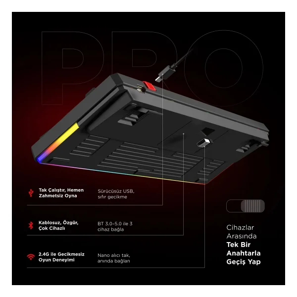 Rampage Loyal Pro Gri-Siyah RGB Red Switch Kablosuz Mekanik Oyuncu Klavyesi - Görsel 4