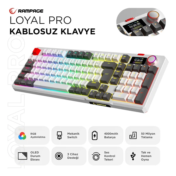 Rampage Loyal Pro Gri-Siyah RGB Red Switch Kablosuz Mekanik Oyuncu Klavyesi - Görsel 9