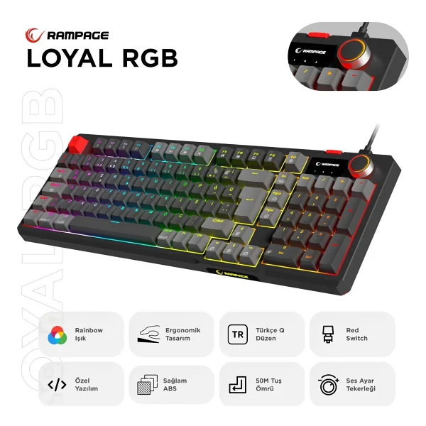 Rampage Loyal Siyah-Gri RGB Red Switch Kablolu Mekanik Oyuncu Klavyesi - Görsel 9