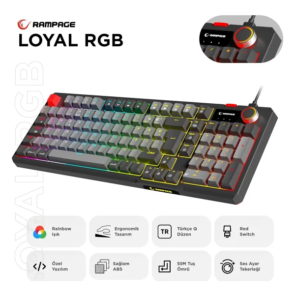 Rampage Loyal Gri-Siyah RGB Red Switch Kablolu Mekanik Oyuncu Klavyesi - Görsel 9