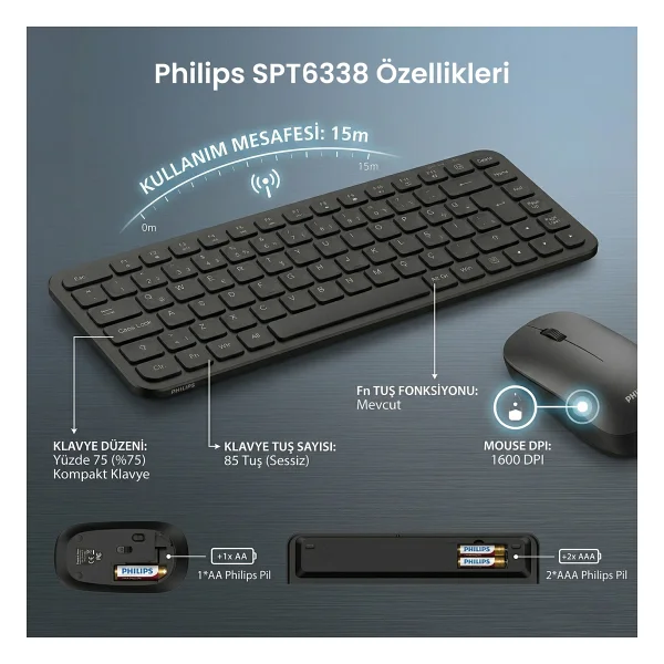 Philips Spt6338 Siyah Kablosuz Klavye Mouse Seti - Görsel 6