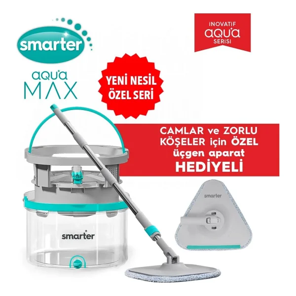 Smarter Aqua Max Özel Seri Temiz & Kirli Suyu Ayırma Çift Kova Üçgen Aparat Temizlik Seti Mop Paspas - Görsel 9