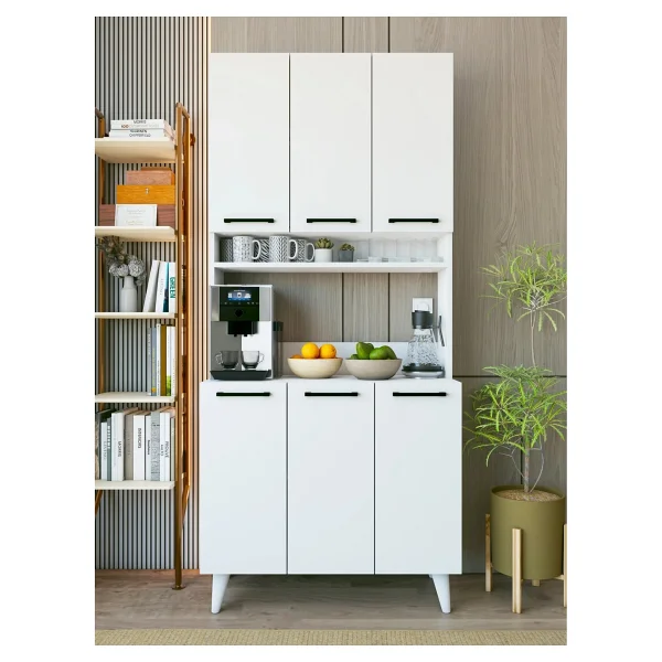 Montenero Kahve Köşesi Dolabı 6 Kapaklı Çok Amaçlı Mutfak Dolabı 90x200 Cm Parlak Beyaz - Görsel 6