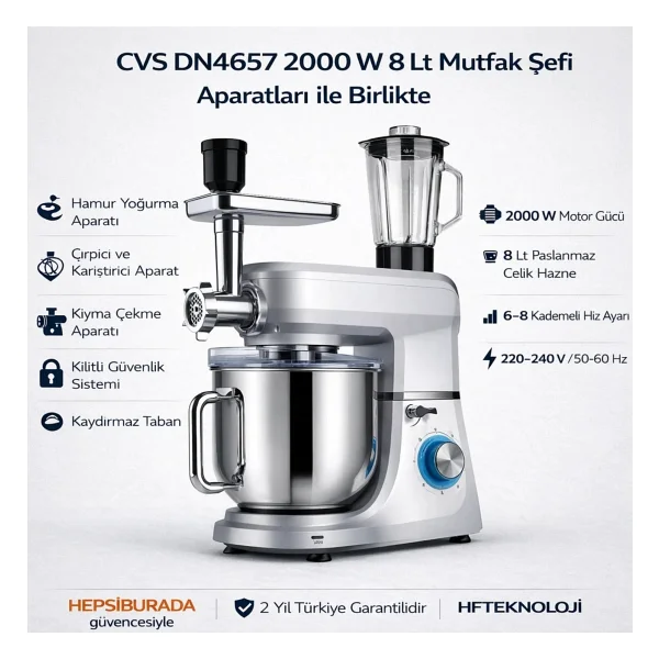 Cvs 2000 W Mutfak Şefi 8 Lt. Paslanmaz Çelik Kase + Dijital Hassas Mutfak Tartısı Hediye - Gümüş - Görsel 8