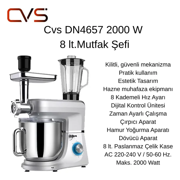 Cvs 2000 W Mutfak Şefi 8 Lt. Paslanmaz Çelik Kase + Dijital Hassas Mutfak Tartısı Hediye - Gümüş - Görsel 6