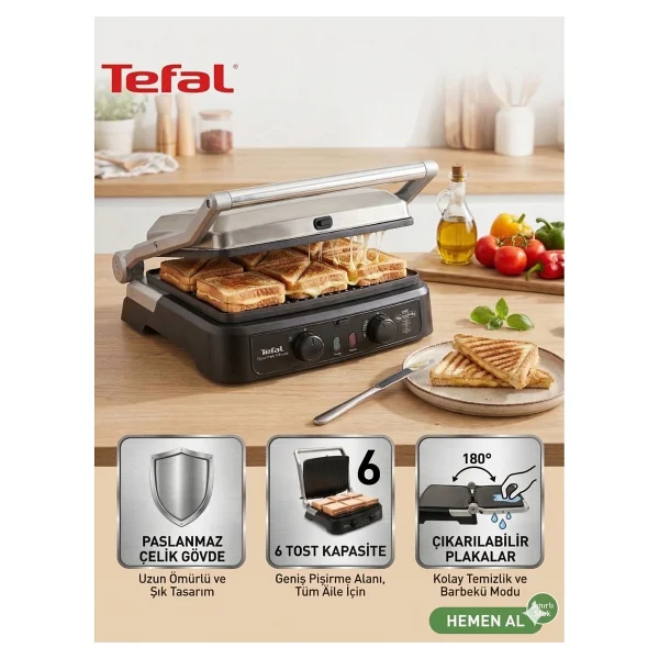 Tefal Zaman Ayarlı Ve 5 Kademeli Isı Kontrollü 2000w Çıkarılabilir Döküm Plakalı 6 Dilim Kapasiteli Paslanmaz Çelik Gövdeli Fırın Özellikli Tost Makinesi - Gri - Görsel 10