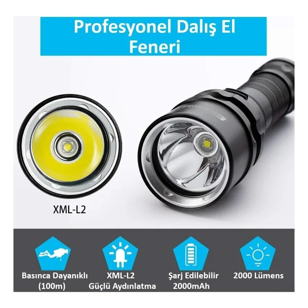 Valkyrie Şarjlı Profesyonel Su Altı Dalış Feneri 2000 mAh Yüksek Aydınlatma Su Geçirmez Aluminyum Kasa - Görsel 6
