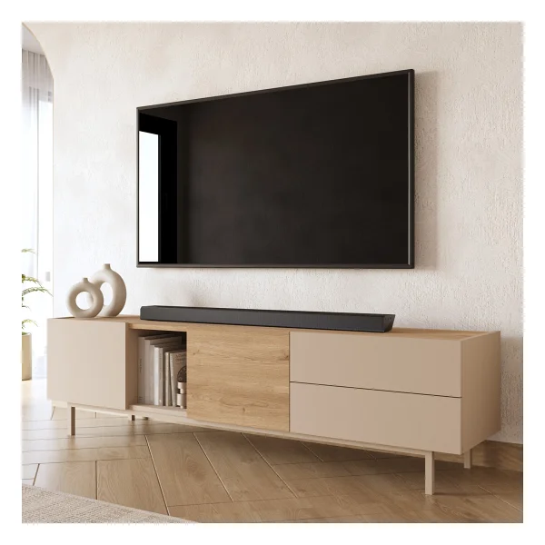 Robin Home Luka TV Ünitesi Sehpası 2 Kapaklı 2 Geniş Çekmeceli Ahşap Ayaklı 180cm Kumsal-Sepet - Bej - Görsel 2