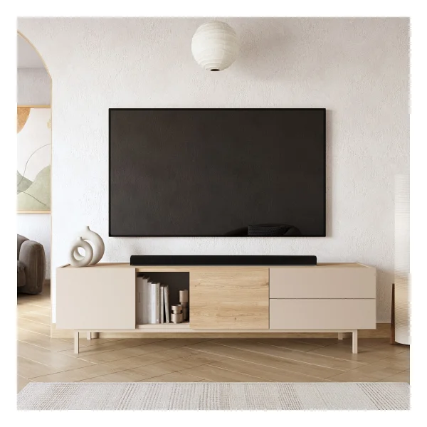 Robin Home Luka TV Ünitesi Sehpası 2 Kapaklı 2 Geniş Çekmeceli Ahşap Ayaklı 180cm Kumsal-Sepet - Bej - Görsel 3