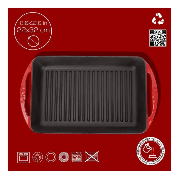 Lava Döküm Izgara Tava 22 X 32 Cm Turuncu Metal Kulplu Döküm Malzeme - Görsel 2