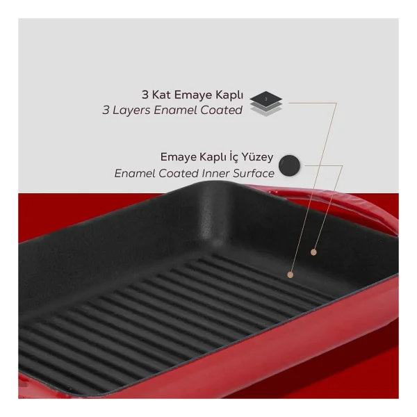Lava Döküm Izgara Tava 22 X 32 Cm Turuncu Metal Kulplu Döküm Malzeme - Görsel 4