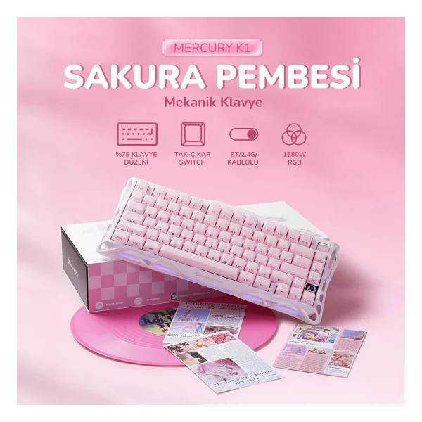 Gravastar Mercury K1 Special Edition Pembe RGB %75 Tkl Kailh Cherry Pink Switch Kablolu/Kablosuz Mekanik Oyuncu Klavyesi - Görsel 2