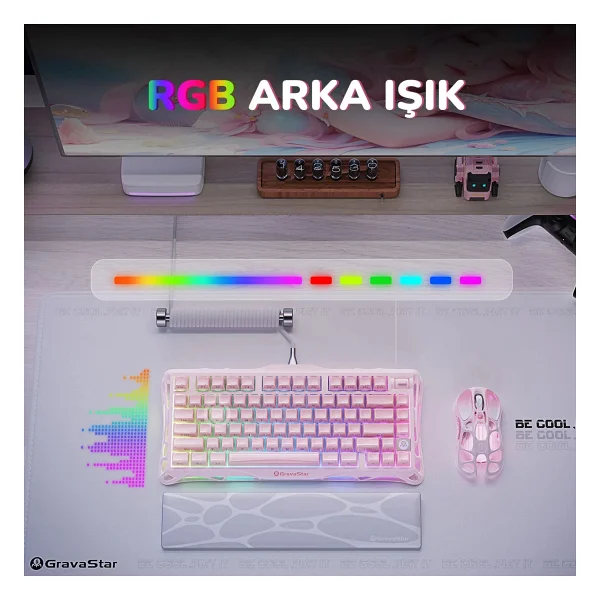 Gravastar Mercury K1 Special Edition Pembe RGB %75 Tkl Kailh Cherry Pink Switch Kablolu/Kablosuz Mekanik Oyuncu Klavyesi - Görsel 6