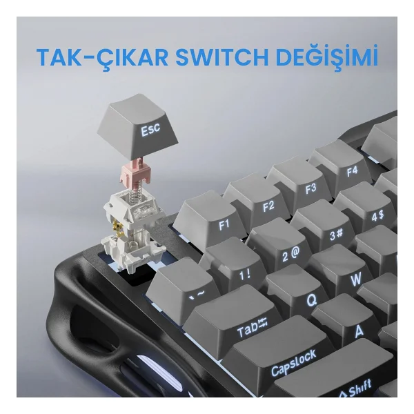 GravaStar Mercury K1 RGB US Layout Kablolu/Kablosuz Mekanik Oyuncu Klavyesi - Görsel 3