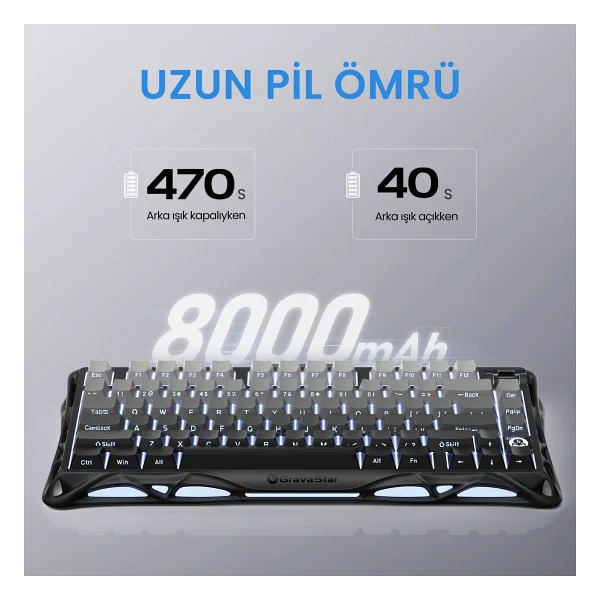 GravaStar Mercury K1 RGB US Layout Kablolu/Kablosuz Mekanik Oyuncu Klavyesi - Görsel 6