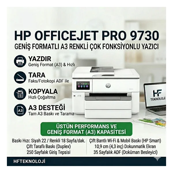 Hp Officejet Pro 9730 537p5c Wi-Fi + Tarayıcı + Fotokopi Renkli Çok Fonksiyonlu Mürekkep Püskürtmeli Yazıcı - Görsel 5