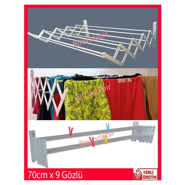 Ayz Akordiyon 70cm Çamaşır Kurutma Askısı Duvara Monte Katlanabilir Paslanmaz Kurutmalık - Görsel 5