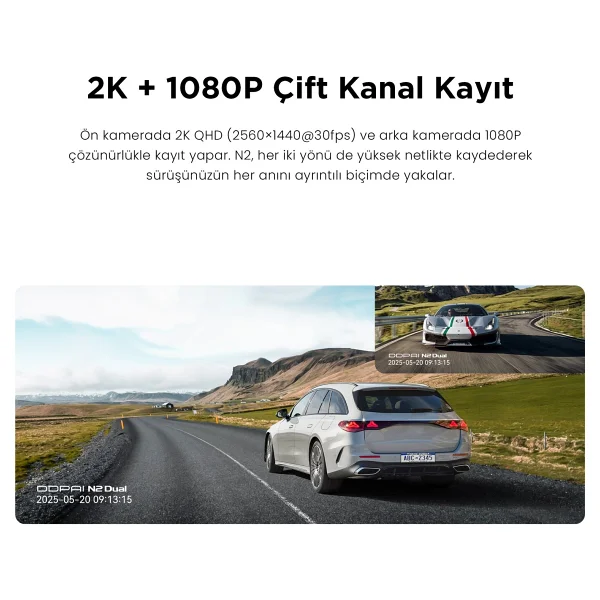 Ddpaı N2 Dual Araç İçi Kamera - 2k + 1080p Çift Kanal Kayıt - Yapay Zeka Destekli Nightvıs 2.0 - 1.9'' Ips Ekran - Görsel 2