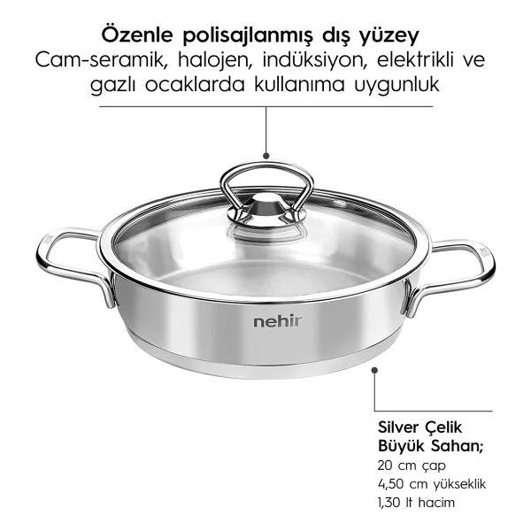 Nehir Silver 6 Parça Kapaklı Çelik Sahan Seti - Görsel 7