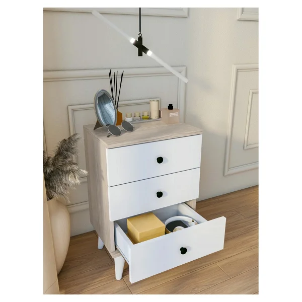 Montenero Cordoba Country Komodin 3 Çekmeceli Yüksek Ayaklı Parlak Beyaz Yatak Odası 45x65 Cm - Görsel 4