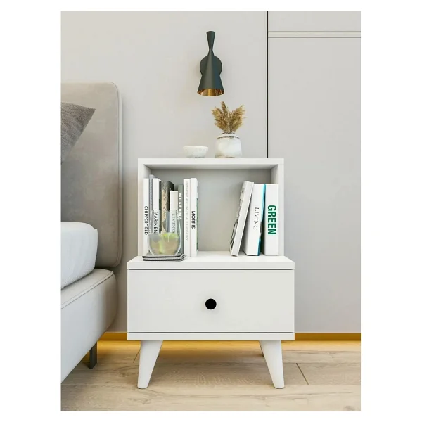Montenero Sade Beyaz Komodin 1 Çekmeceli Açık Raflı Minimalist Yatak Odası 45x65 Cm - Eskitme Beyaz - Görsel 6