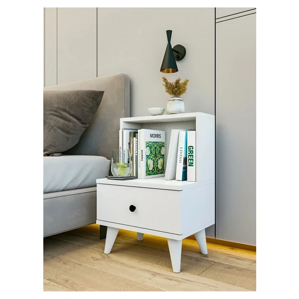 Montenero Sade Beyaz Komodin 1 Çekmeceli Açık Raflı Minimalist Yatak Odası 45x65 Cm - Eskitme Beyaz - Görsel 7