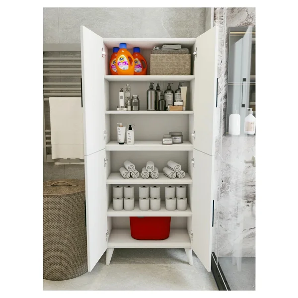 Montenero Kiler Dolabı 4 Kapaklı 6 Raflı Sığ Derinlik Mutfak Banyo Parlak Beyaz 70x170 Cm - Görsel 5