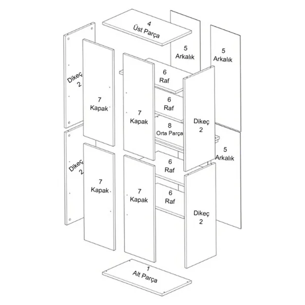 Montenero Kiler Dolabı 4 Kapaklı 6 Raflı Sığ Derinlik Mutfak Banyo Parlak Beyaz 70x170 Cm - Görsel 6