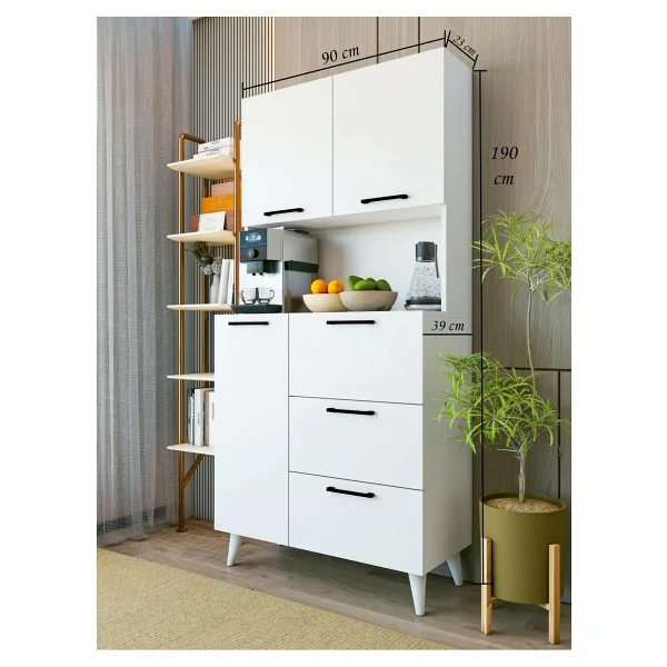 Montenero Parlak Beyaz Kahve Köşesi Dolabı 6 Kapaklı Fırın Raflı Mutfak Dolabı 90x190 Cm - Görsel 6