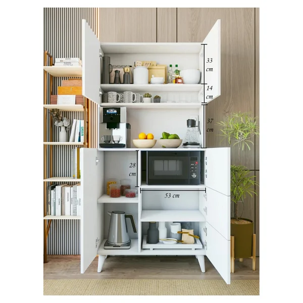 Montenero Parlak Beyaz Kahve Köşesi Dolabı 6 Kapaklı Fırın Raflı Mutfak Dolabı 90x190 Cm - Görsel 7