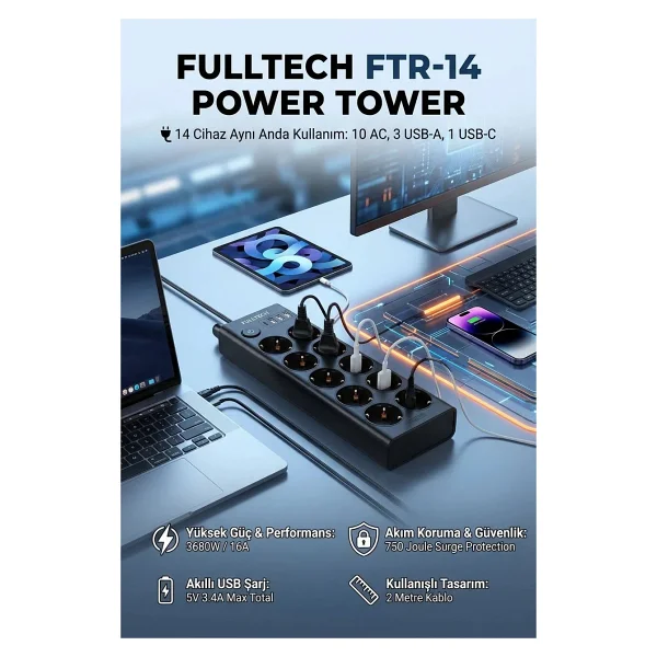 Fulltech Ftr-14 Anahtarlı Usb'li Siyah 2 M 10'lu Akım Korumalı Priz - Görsel 6