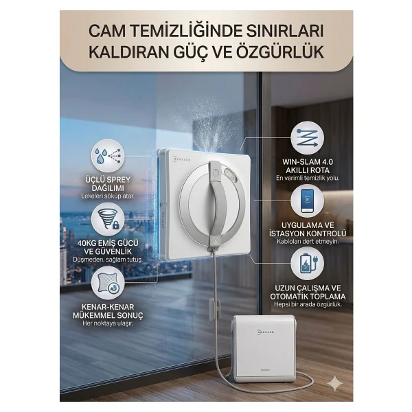 Ecovacs 5500 Pa Üstün Emiş Güçlü Şarj İstasyonlu Cam Temizleme Robotu Akıllı Rota Planlamalı, Leke Bırakmaz - Görsel 10