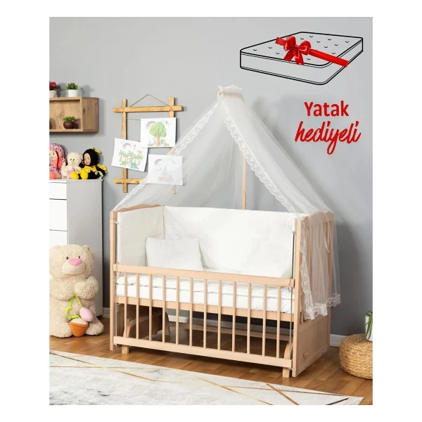 Bamgidoo Ahşap Organik Beşik Anne Yanı Beşik 3 Kademeli Lüx Bebek Beşiği 60 X 120 Cm - Krem Prens Uyku Setli & Soft Yataklı - Krem - Mavi - Görsel 7
