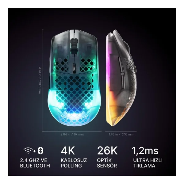 Steelseries Aerox 3 Wireless Gen 2 4K Shadow RGB Şarjlı Ergonomik Optik Kablosuz Oyuncu Mouse - Görsel 2