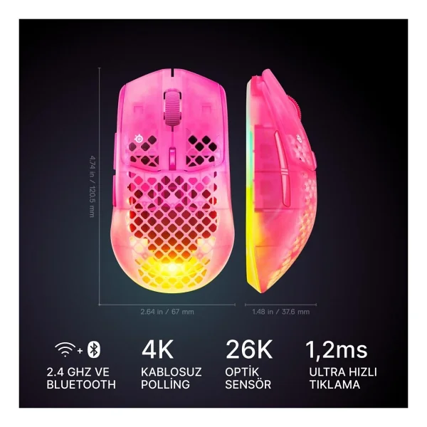 Steelseries Aerox 3 Wireless Gen 2 4K Magenta Haze RGB Şarjlı Ergonomik Optik Kablosuz Oyuncu Mouse - Görsel 2