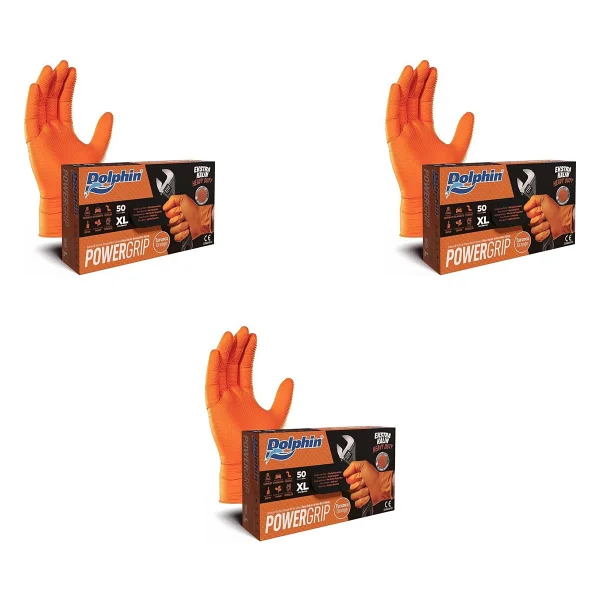 Dolphin Nitril Powergrip Ekstra Kalın Elmas Dokulu Eldiven Turuncu XL Büyük Boy - 50'li 3 Paket - Görsel 3