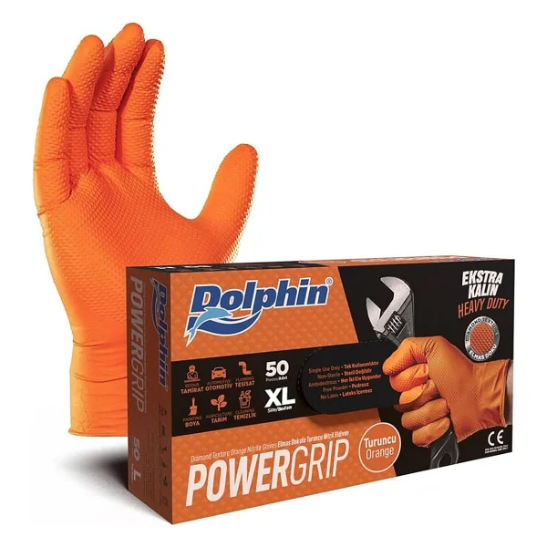 Dolphin Nitril Powergrip Ekstra Kalın Elmas Dokulu Eldiven Turuncu XL Büyük Boy - 50'li 3 Paket - Görsel 2