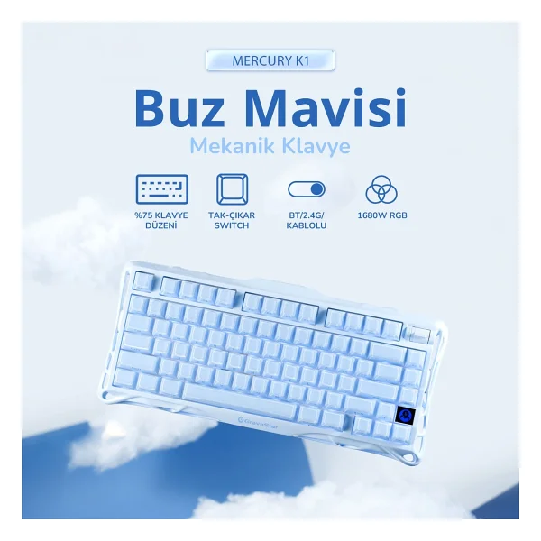 Gravastar Mercury K1 Mekanik Gaming Klavye Ve M1 Pro Kablosuz Optik Mouse Seti, Ice Blue - Görsel 3