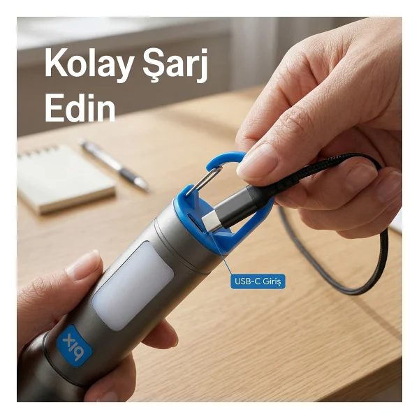 Bix Bx1010fl 3 Renk LED Beyaz Mavi Turuncu Zoom Özellikli Şarjlı El Feneri 500 Lümen 500 Menzilli Cob Yan Işıklı Type-C - Gri - 10 W - Görsel 4