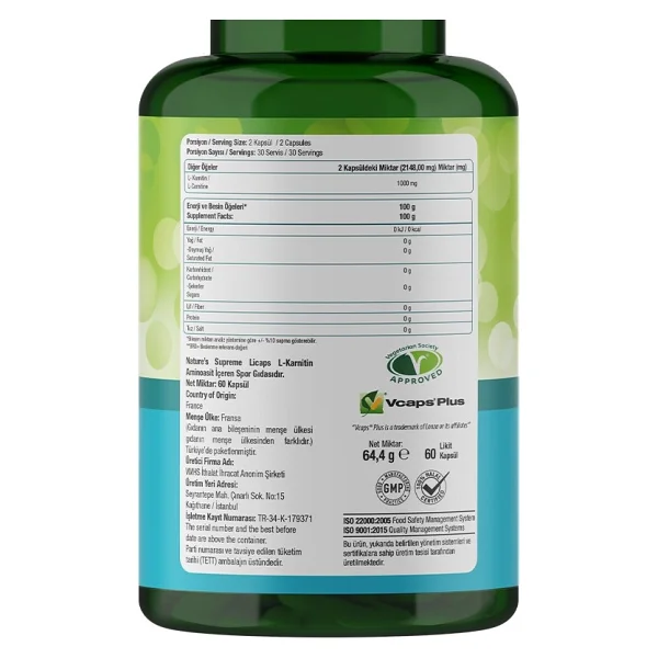Nature's Supreme L-Carnitine Carnipure 60 Kapsül - Görsel 3