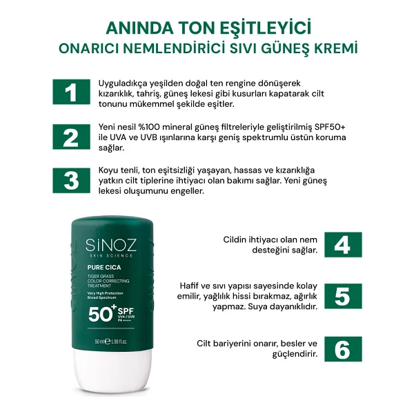 Sinoz Pure Cica Tiger Grass Anında Ton Eşitleyici Onarıcı Nemlendirici Spf50+ Sıvı Yüz Güneş Kremi Pa++++ (Koyu Tenler İçin) - Görsel 2