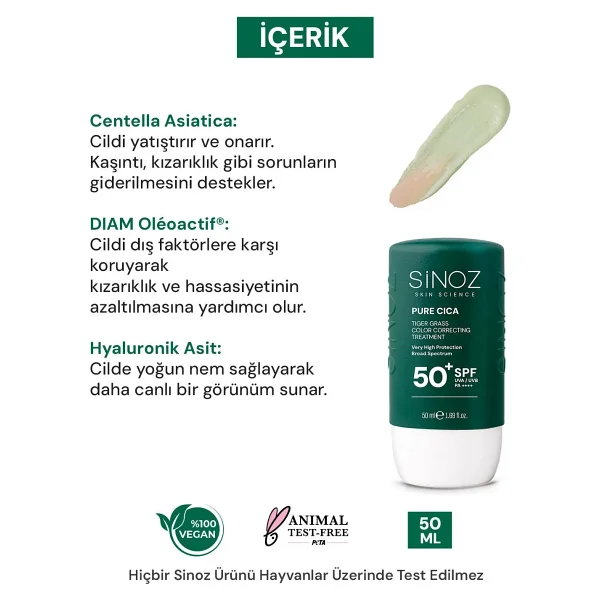 Sinoz Pure Cica Tiger Grass Anında Ton Eşitleyici Onarıcı Nemlendirici Spf50+ Sıvı Yüz Güneş Kremi Pa++++ (Koyu Tenler İçin) - Görsel 3